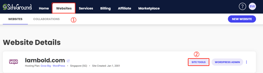 01 登录my.siteground.com —— Websites网站 —— 打开网站的站点工具 Site Tools