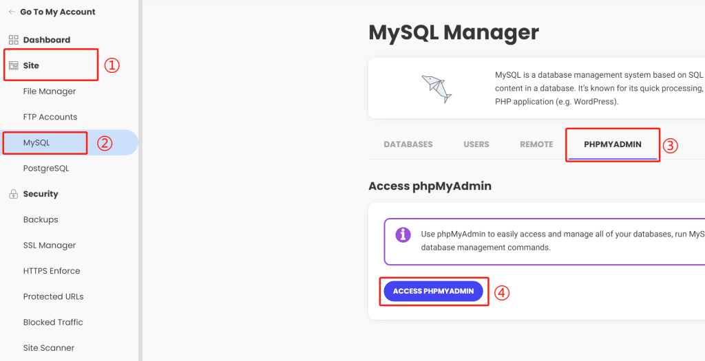 02 SiteGround 站点工具 —— 左侧Site网站 —— MySQL —— phpMyAdmin —— Access phpMyadmin